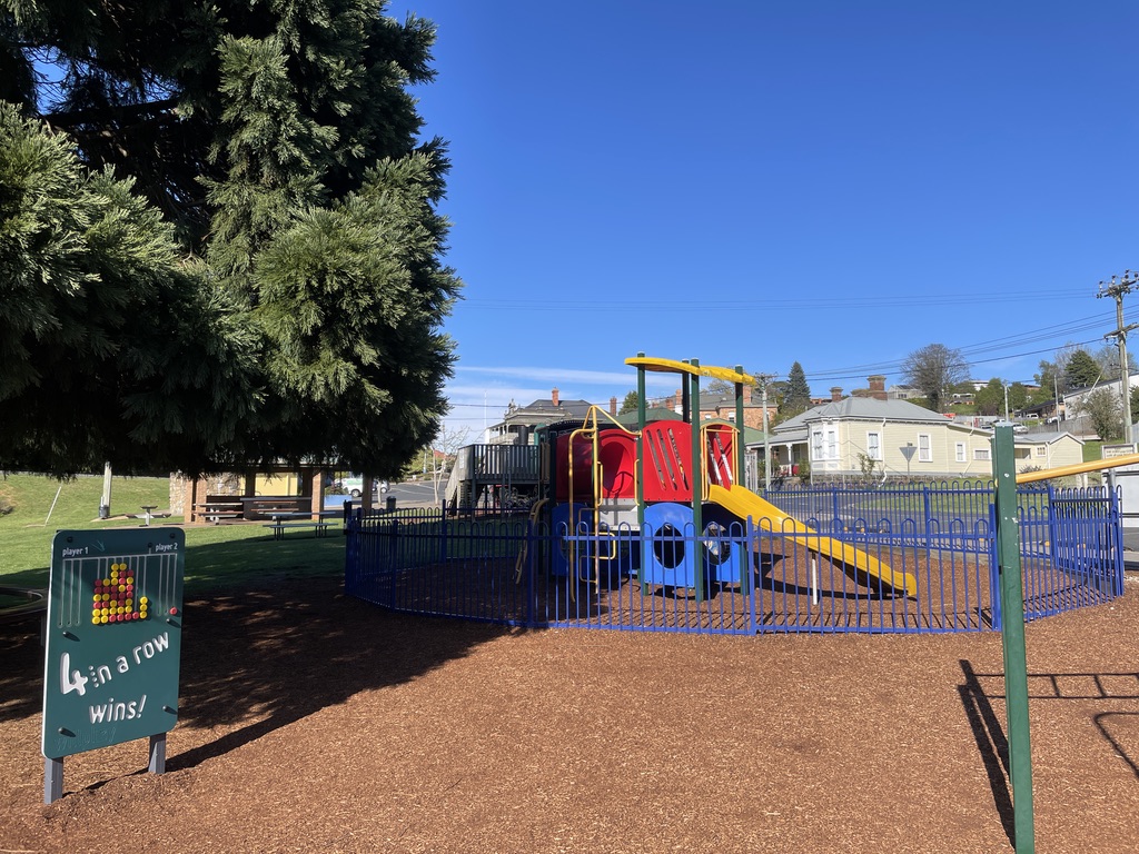 Deloraine Train Park fenced playground
