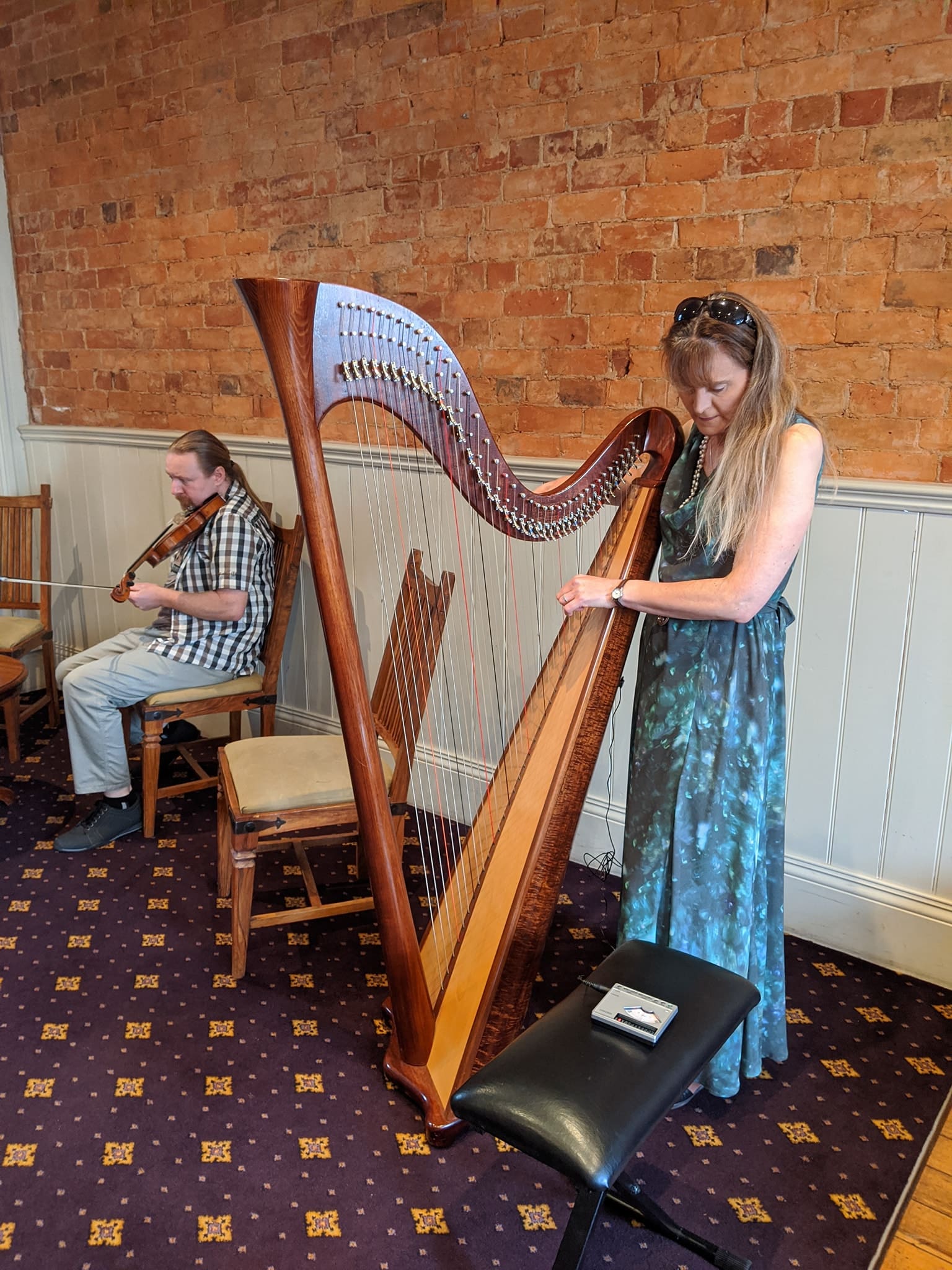 celtic players of music in a long blue dress with a harp