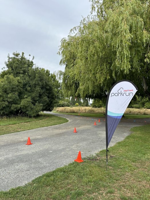 westbury town common park run flag with orange cones indicating where runners should run.