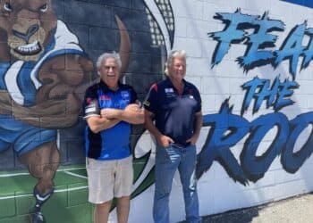 Deloraine Football Club President Anthony Clayton on the right and Don Tracey on the left. Photo taken outside of the current Deloraine Football Club facility.