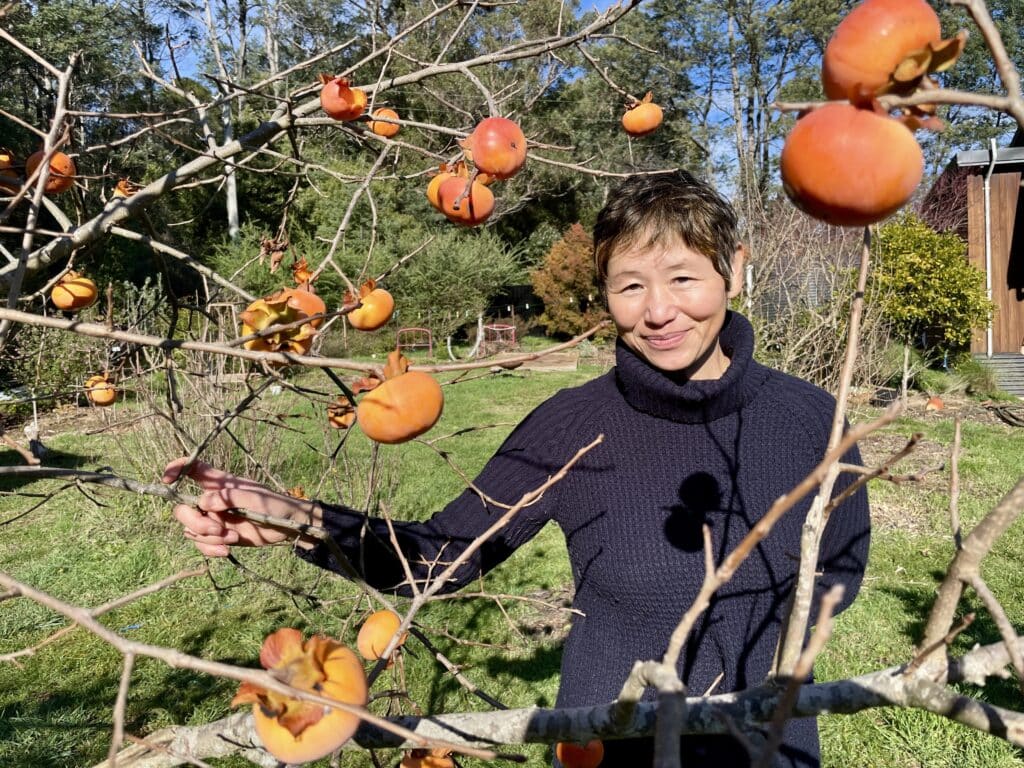 Tomoko Woods next to her persimmon tree in Elizabeth Town.