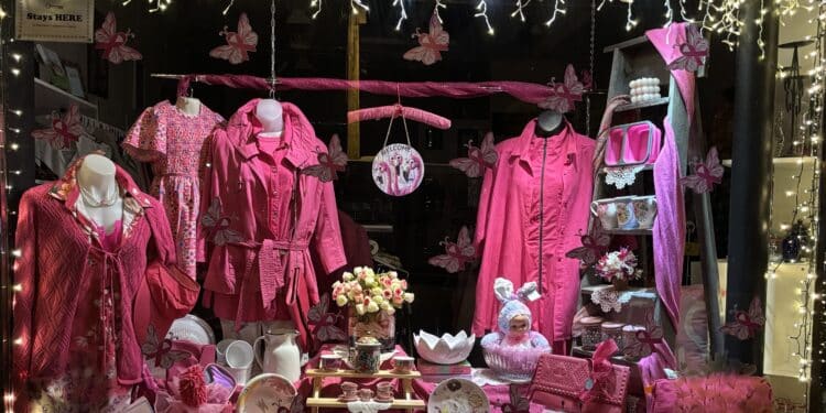 Golden Opportunity Shop in Deloraine has put pink coloured items presented beautifully in their front window.