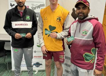 New recruit Sahil Choudhary, 1st Grade captain Joel Lloyd, and club coach Chathura Athukorala celebrate their Performances of the Week after standout efforts - Sahil’s 5/12, Joel’s 117, and Chathura’s 140. Photo supplied.