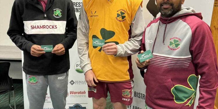 New recruit Sahil Choudhary, 1st Grade captain Joel Lloyd, and club coach Chathura Athukorala celebrate their Performances of the Week after standout efforts - Sahil’s 5/12, Joel’s 117, and Chathura’s 140. Photo supplied.