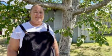 Katrina Richards under a walnut tree at her home office in Prospect.