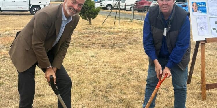 Westbury Mens Shed: Deputy Premier Guy Barnett (left) and Vice President of the Westbury Mens Shed, David Lee (right) starting the construction process at the Westbury Showgrounds.