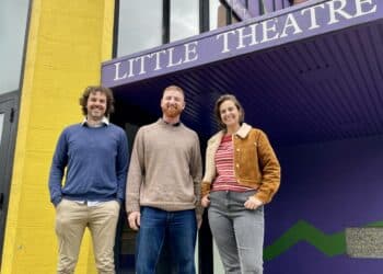 MALT Film Club's Deloraine film showings. Matt Taylor (left), Lachlan Hamilton (centre) and Hannah Koch (right) outside The Little Theatre, 2 Meander Valley Road, Deloraine
