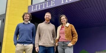MALT Film Club's Deloraine film showings. Matt Taylor (left), Lachlan Hamilton (centre) and Hannah Koch (right) outside The Little Theatre, 2 Meander Valley Road, Deloraine
