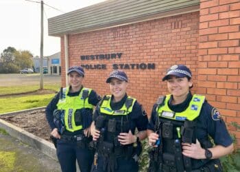 Three new constables for the Meander Valley standing outside the Westbury Police Station.
