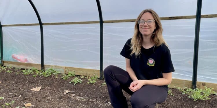 Chevi Robnik stands in her polytunnel, ranunculus growing in the beds beside her. Poetry in Petals