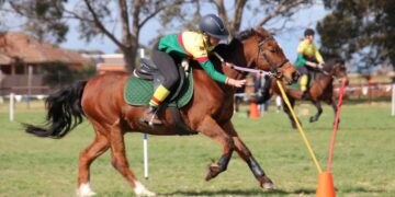 Ruby Atkins competes on a bay horse. Photo credit Alana Atkins.