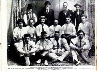 Westbury cricketers in 1903. Back row, left to right: W. K. Drake, H. G. Barrett (umpire), A. B. Coleman (secretary), F. W. Best (scorer). Second row: S. P. Woolnough, T. Drake, F. X. McIntee, P. C. Best (captain), R. Jones, W. Lyons. Front row: L. Jordan, Rev. B. W. Heath, D. Morrison, Bert Best.