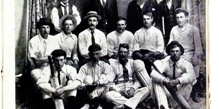 Westbury cricketers in 1903. Back row, left to right: W. K. Drake, H. G. Barrett (umpire), A. B. Coleman (secretary), F. W. Best (scorer). Second row: S. P. Woolnough, T. Drake, F. X. McIntee, P. C. Best (captain), R. Jones, W. Lyons. Front row: L. Jordan, Rev. B. W. Heath, D. Morrison, Bert Best.