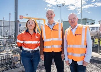 From left to right: Phaedra Deckart, Solstice Energy CEO, Deputy Premier Guy Barnett and Andrew Kneebone, from the Waste Recovery Board.