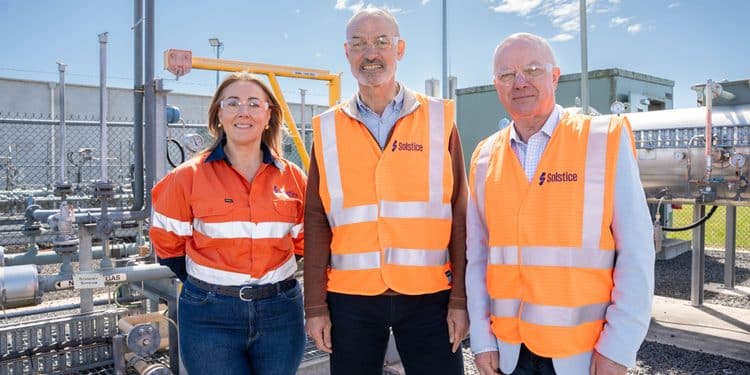 From left to right: Phaedra Deckart, Solstice Energy CEO, Deputy Premier Guy Barnett and Andrew Kneebone, from the Waste Recovery Board.